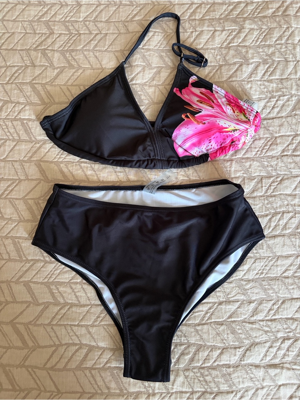 Girls Floral Bikini w/ coverup- Pink & Black- 11Y